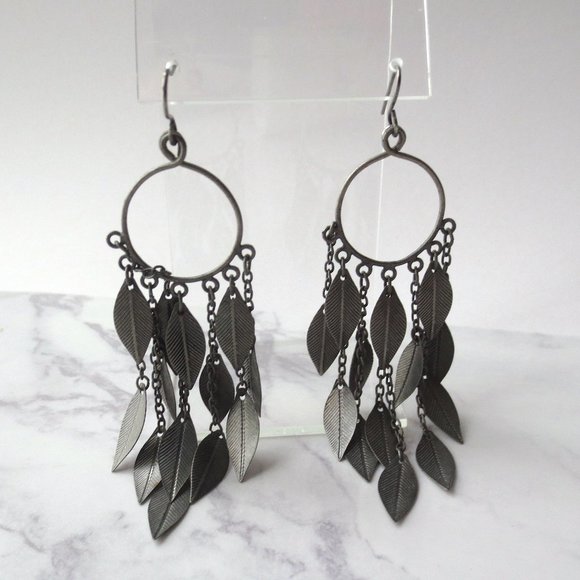 Dark Silver Tone Long Bohemian Hoop Circle Statement Leaf Drop Earrings - Picture 5 of 5